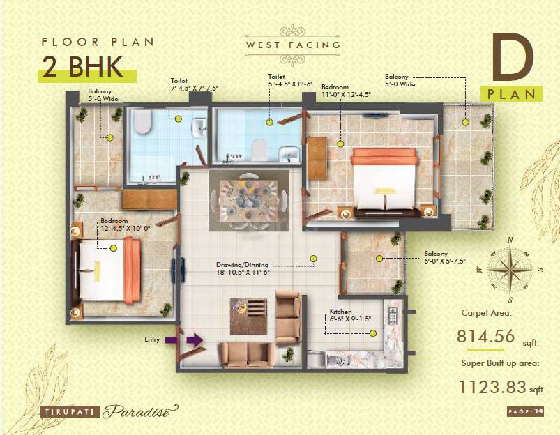 Floor plan of 2 BHK 1123 Sq. Ft. Apartment in Tirupati Paradise Varanasi, Varanasi