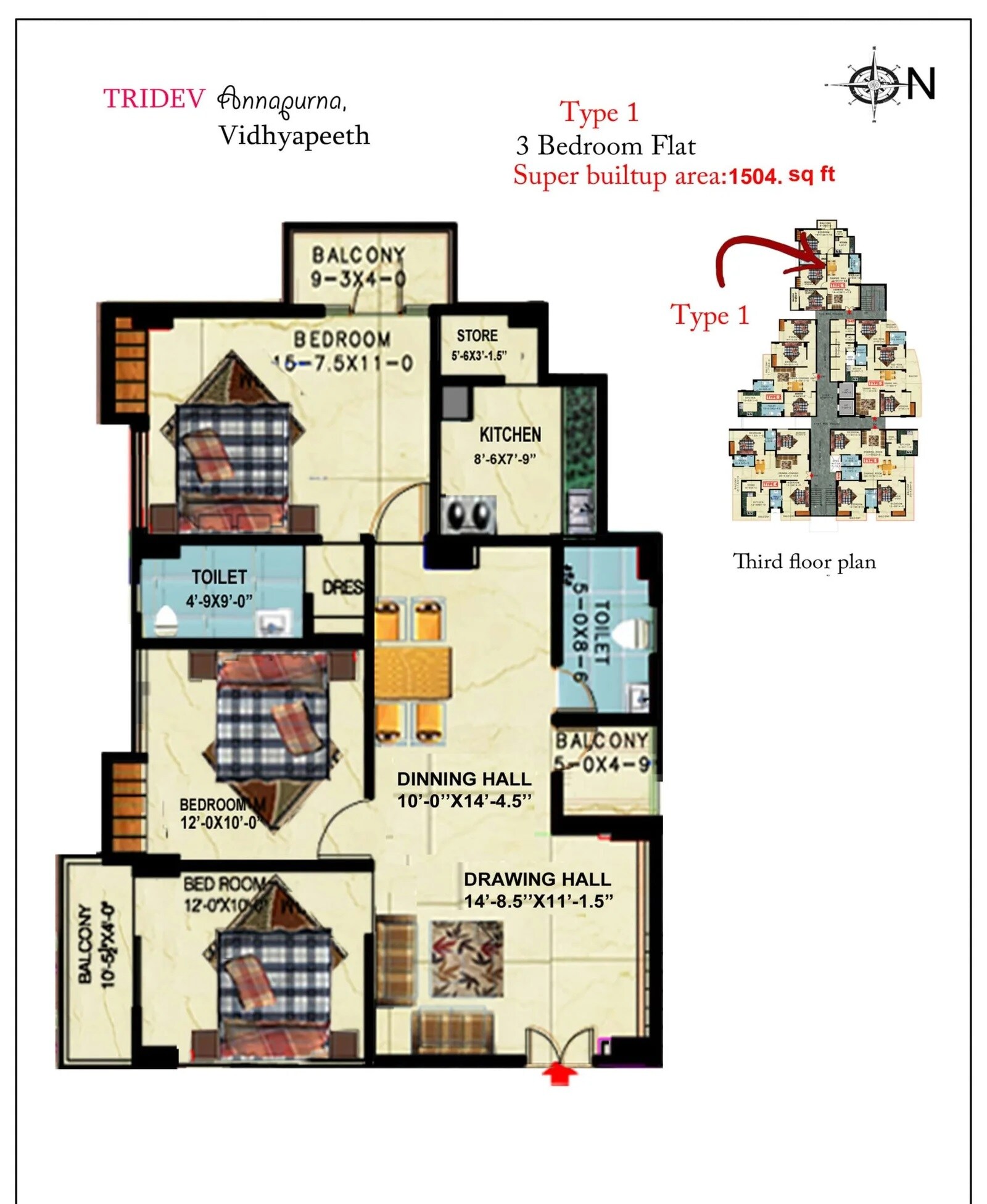 Floor plan of 3 BHK 1504 Sq. Ft. Apartment in Tridev Annapurna, Varanasi