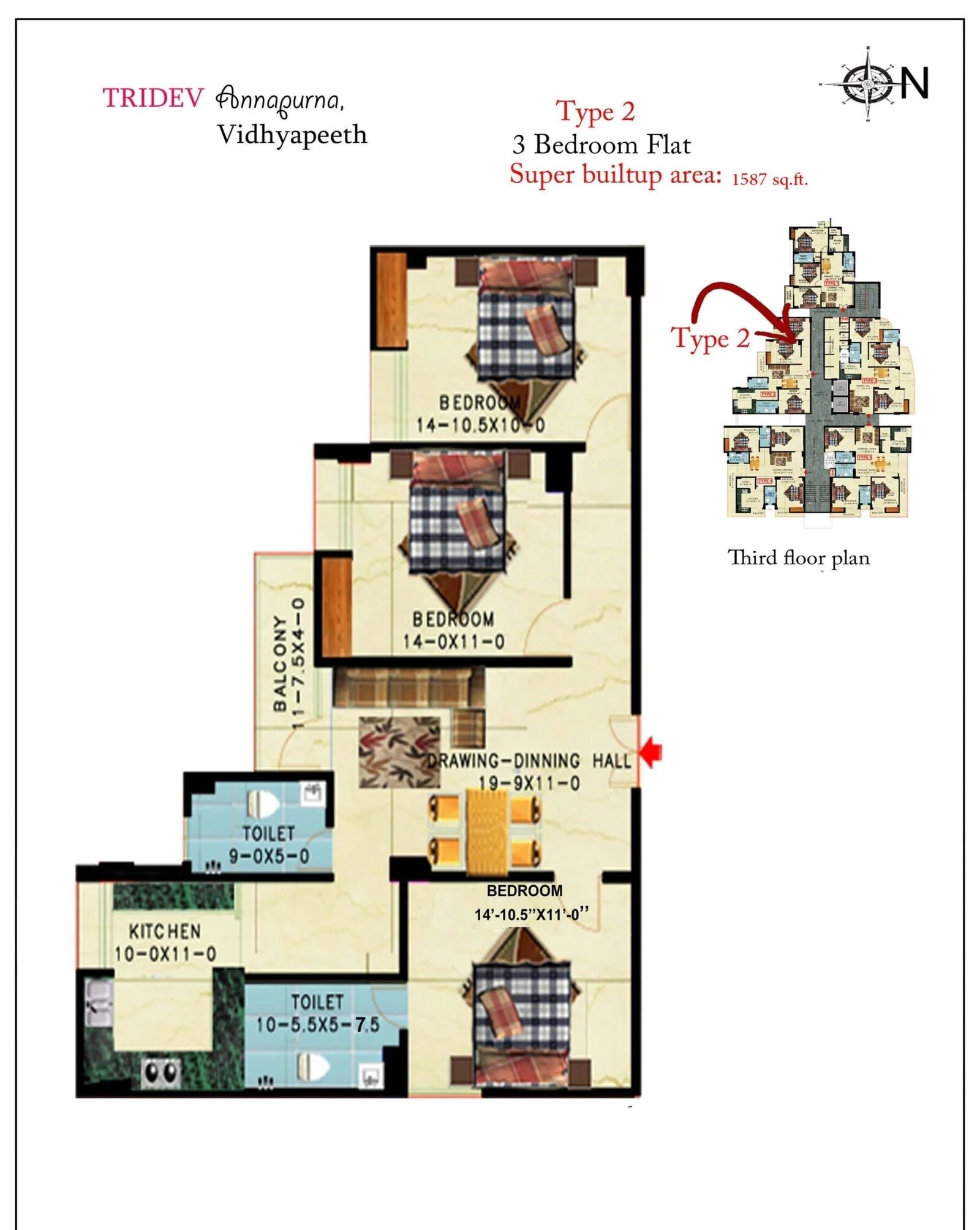 Floor plan of 3 BHK 1587 Sq. Ft. Apartment in Tridev Annapurna, Varanasi