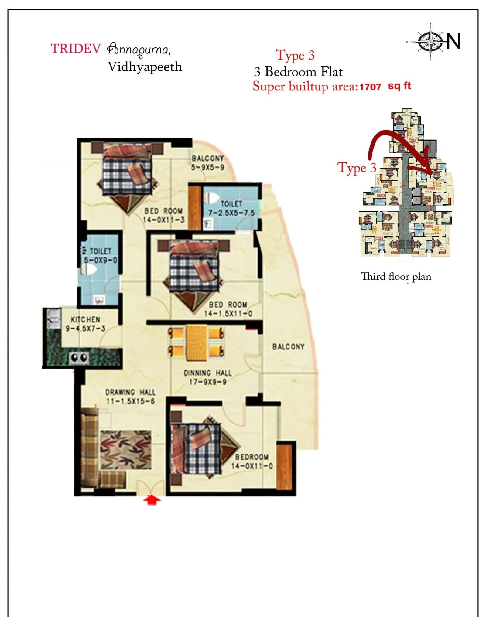 Floor plan of 3 BHK 1707 Sq. Ft. Apartment in Tridev Annapurna, Varanasi