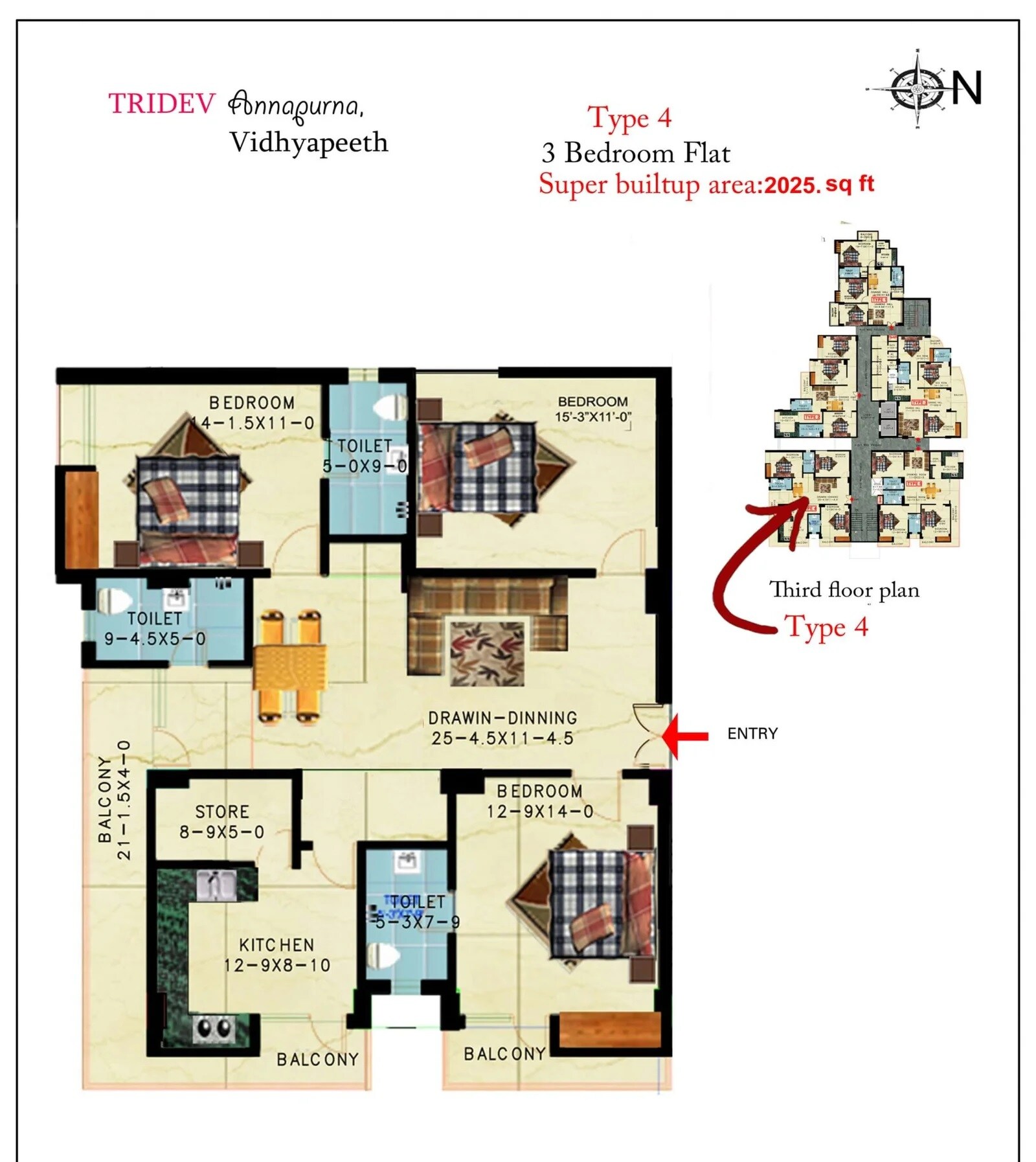 Floor plan of 3 BHK 2025 Sq. Ft. Apartment in Tridev Annapurna, Varanasi