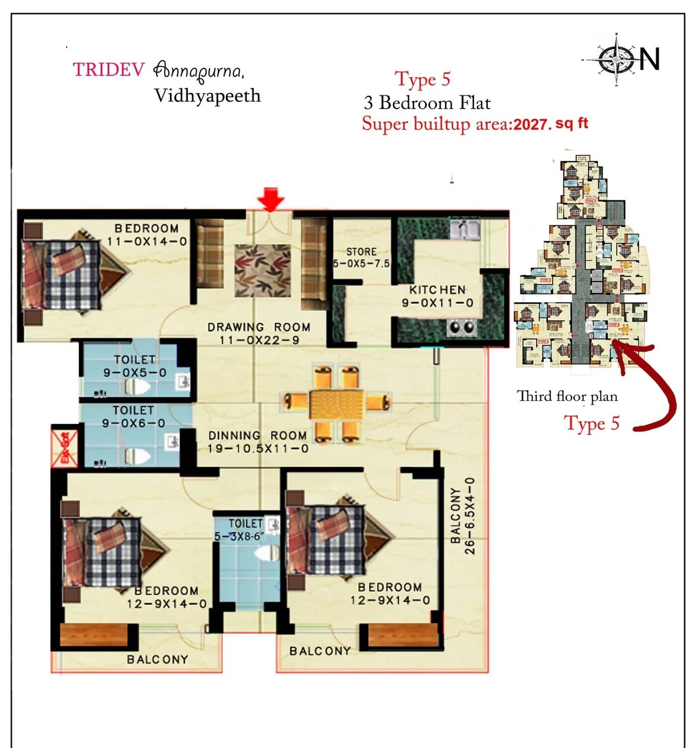 Floor plan of 3 BHK 2027 Sq. Ft. Apartment in Tridev Annapurna, Varanasi