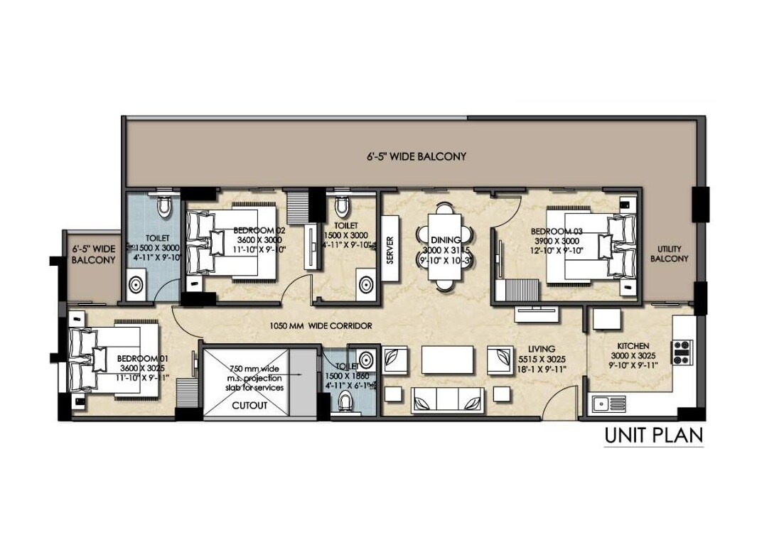 Floor plan of 3 BHK 1705 Sq. Ft. Apartment in Shree Tridev Elite, Varanasi