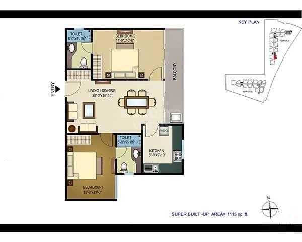 Floor plan of 2 BHK Apartment - 1115 sq. ft. in Tridev Indraprastha, Varanasi