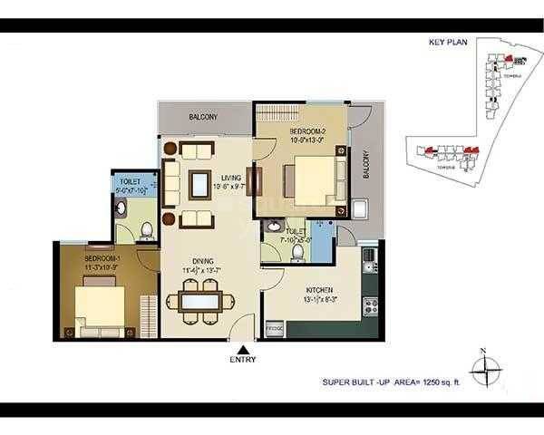 Floor plan of 2 BHK Apartment - 1250 sq. ft. in Tridev Indraprastha, Varanasi