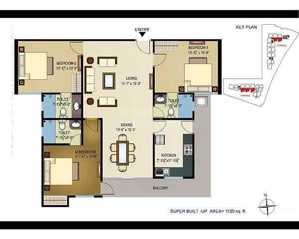 Floor plan of 3 BHK Apartment - 1720 sq. ft. in Tridev Indraprastha, Varanasi
