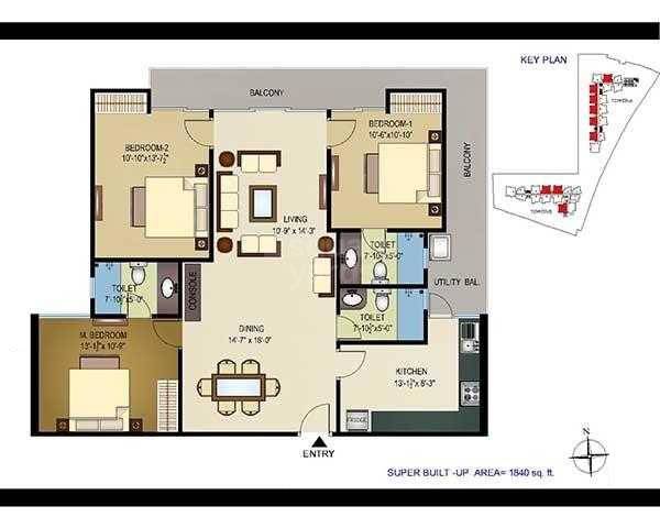 Floor plan of 3 BHK Apartment - 1800 sq. ft. in Tridev Indraprastha, Varanasi