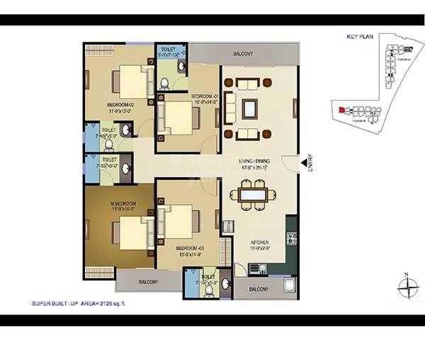 Floor plan of 4 BHK Apartment - 2125 sq. ft. in Tridev Indraprastha, Varanasi