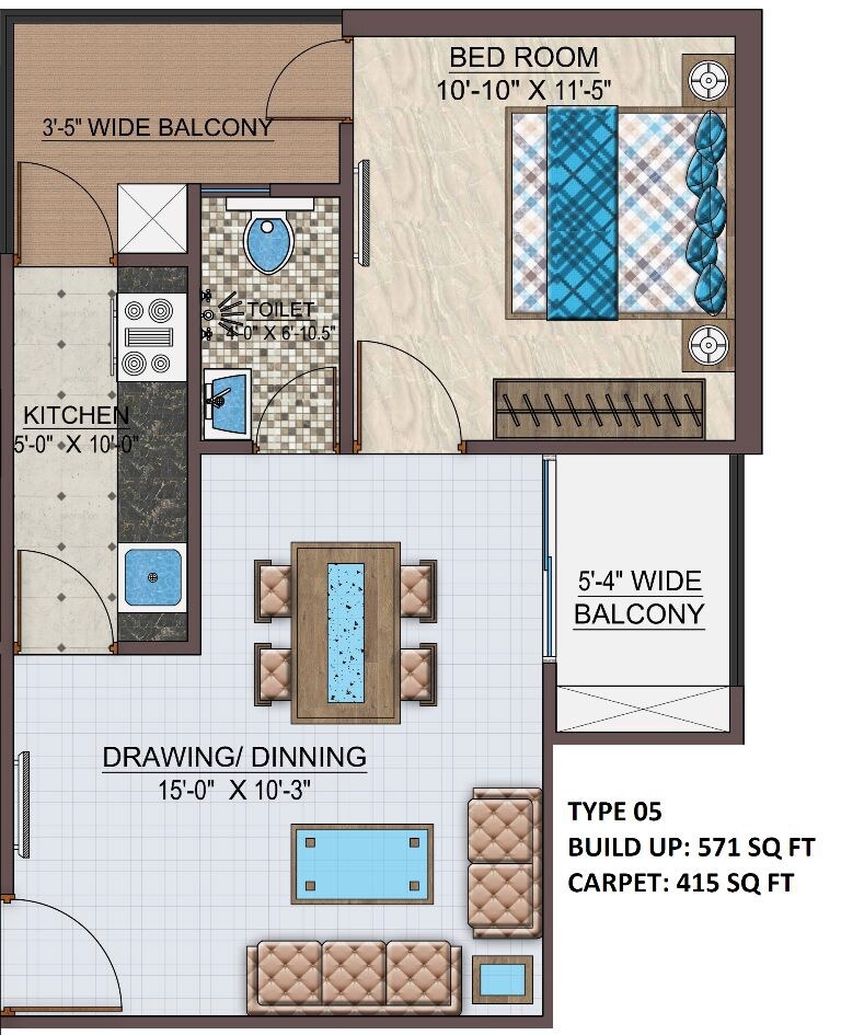 Floor plan of 1 BHK 571 Sq. Ft. Apartment in Vidhan Royal Paradise, Varanasi