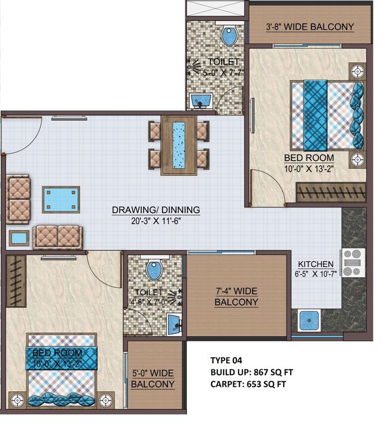 Floor plan of 2 BHK 867 Sq. Ft. Apartment in Vidhan Royal Paradise, Varanasi