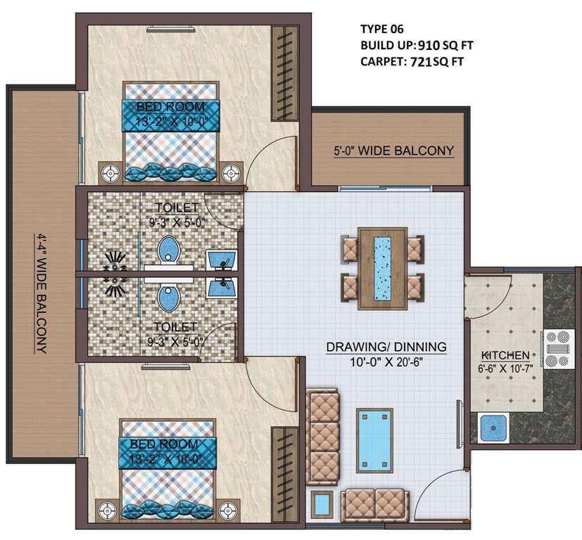 Floor plan of 2 BHK 910 Sq. Ft. Apartment in Vidhan Royal Paradise, Varanasi
