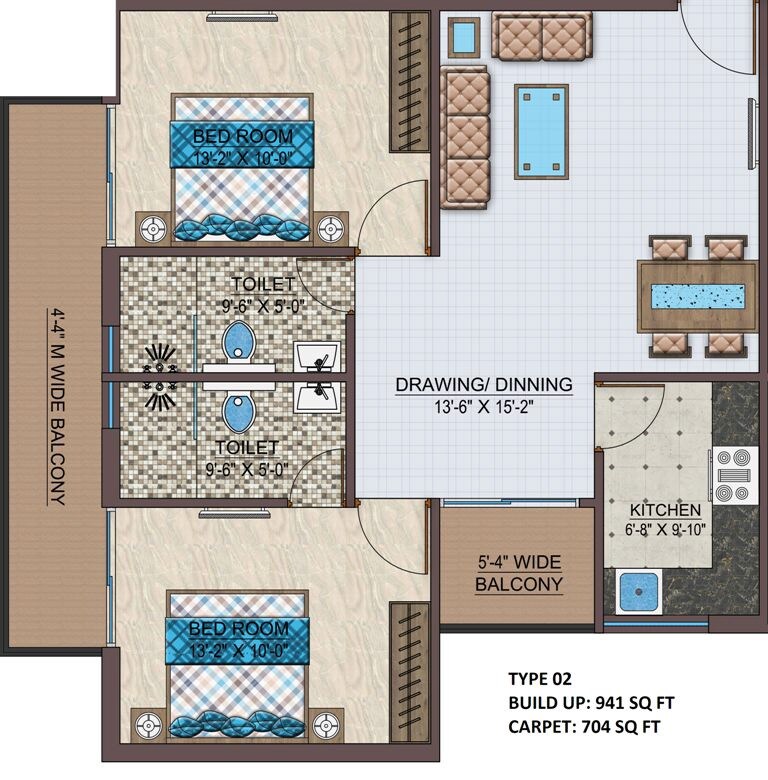 Floor plan of 2 BHK 941 Sq. Ft. Apartment in Vidhan Royal Paradise, Varanasi