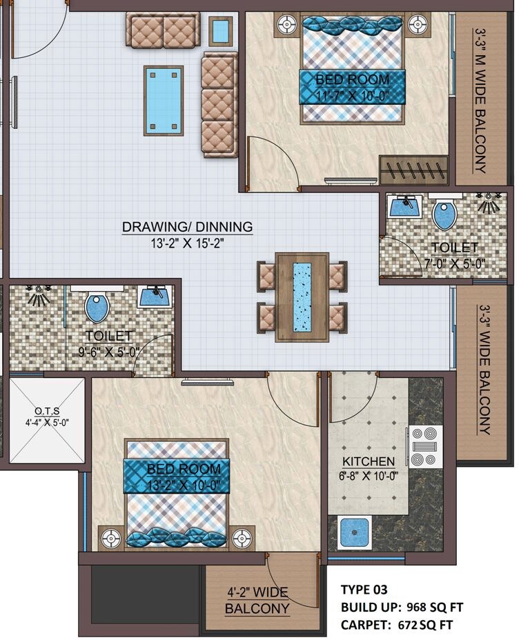 2 BHK 968 Sq. Ft. Apartment