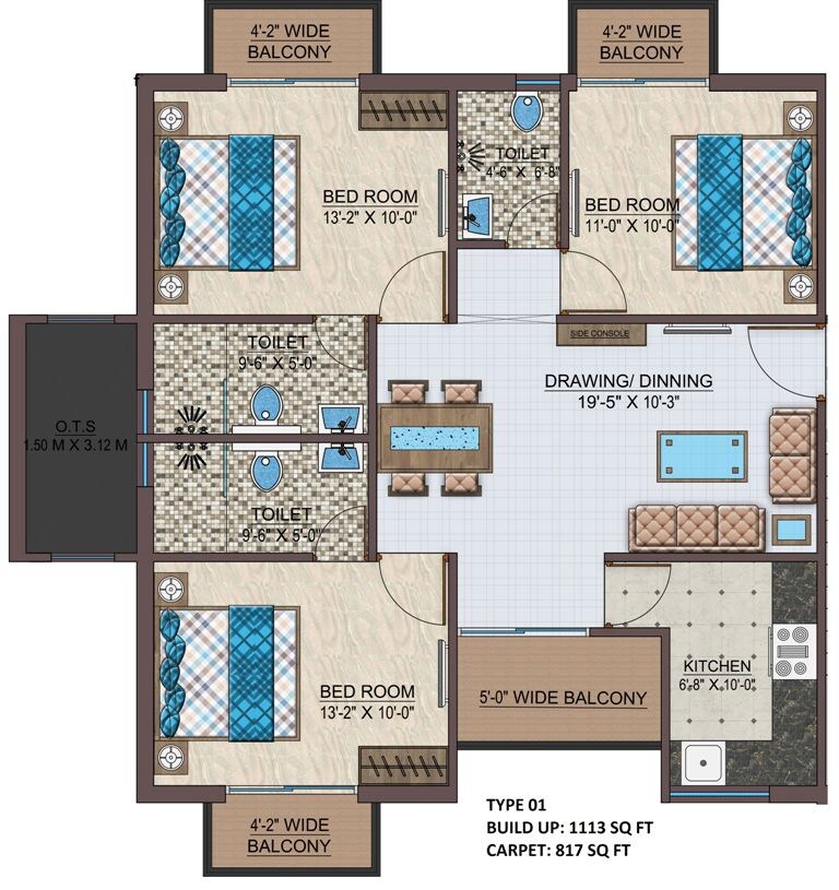 Floor plan of 3 BHK 1113 Sq. Ft. Apartment in Vidhan Royal Paradise, Varanasi