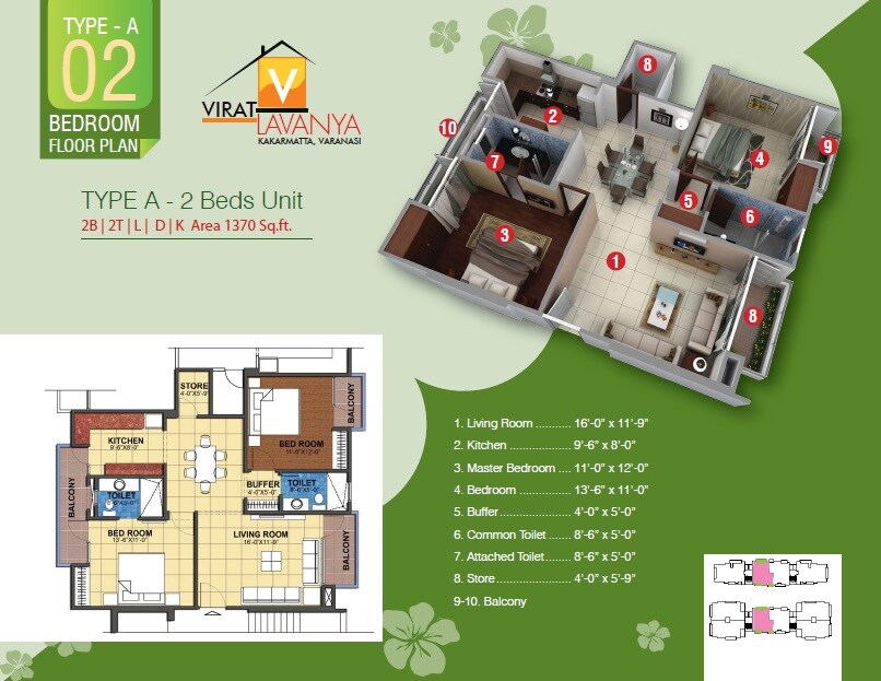 Floor plan of 2 BHK 1370 Sq. Ft. Apartment in Virat Lavanya, Varanasi