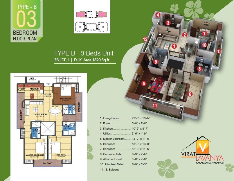 Floor plan of 3 BHK 1820 Sq. Ft. Apartment in Virat Lavanya, Varanasi