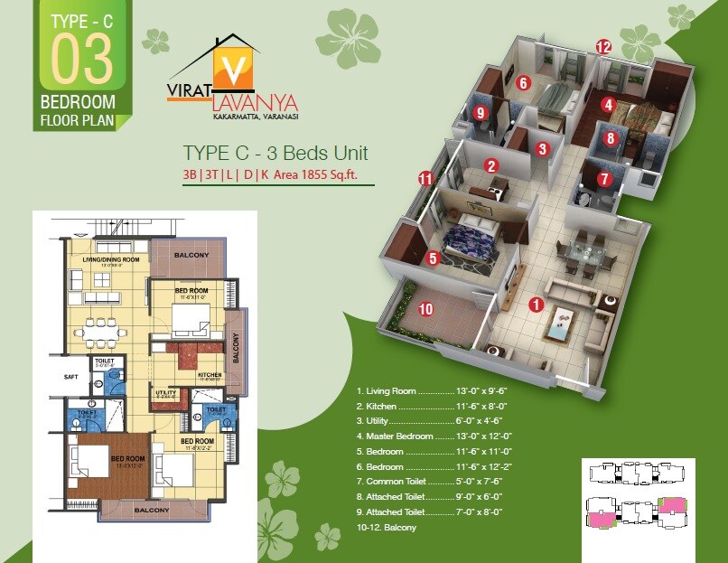 Floor plan of 3 BHK 1855 Sq. Ft. Apartment in Virat Lavanya, Varanasi
