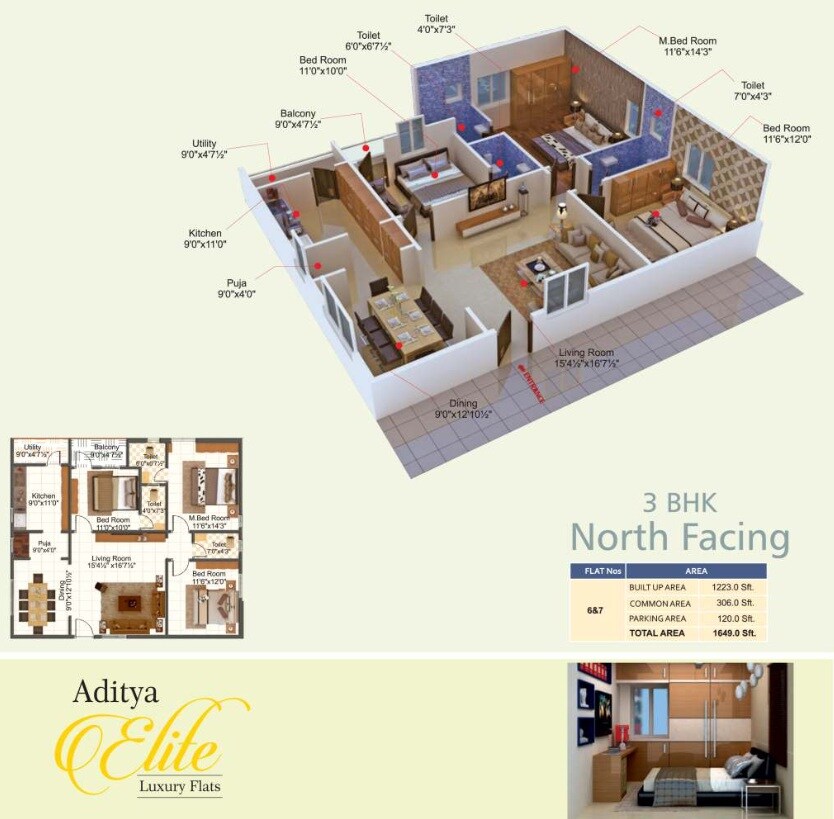 Floor plan of 3 BHK 1649 Sq. Ft. Apartment in Aditya Elite, Vijayawada