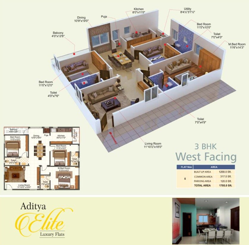 Floor plan of 3 BHK 1705 Sq. Ft. Apartment in Aditya Elite, Vijayawada