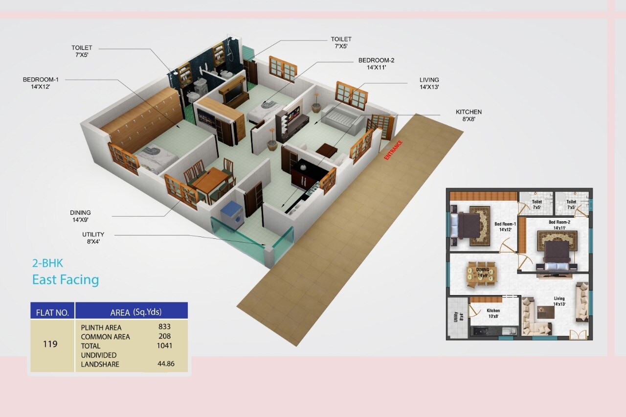 Floor plan of 2 BHK 1041 Sq. Ft. Apartment in Anjana Greenpark, Vijayawada
