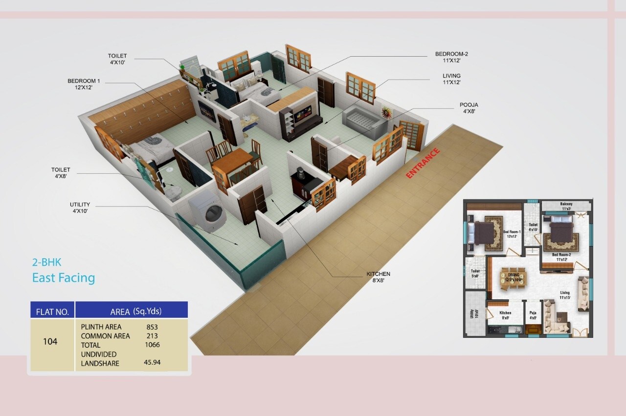 Floor plan of 2 BHK 1066 Sq. Ft. Apartment in Anjana Greenpark, Vijayawada