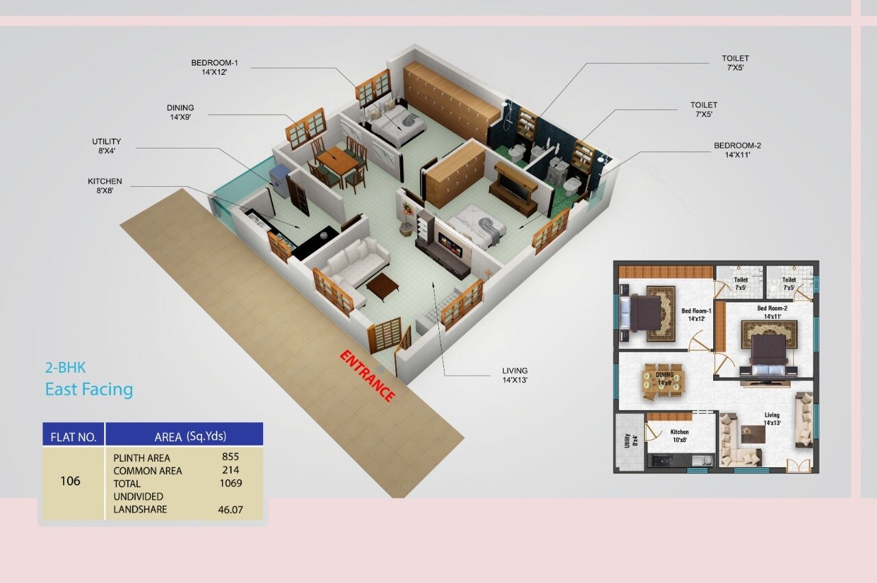 Floor plan of 2 BHK 1069 Sq. Ft. Apartment in Anjana Greenpark, Vijayawada