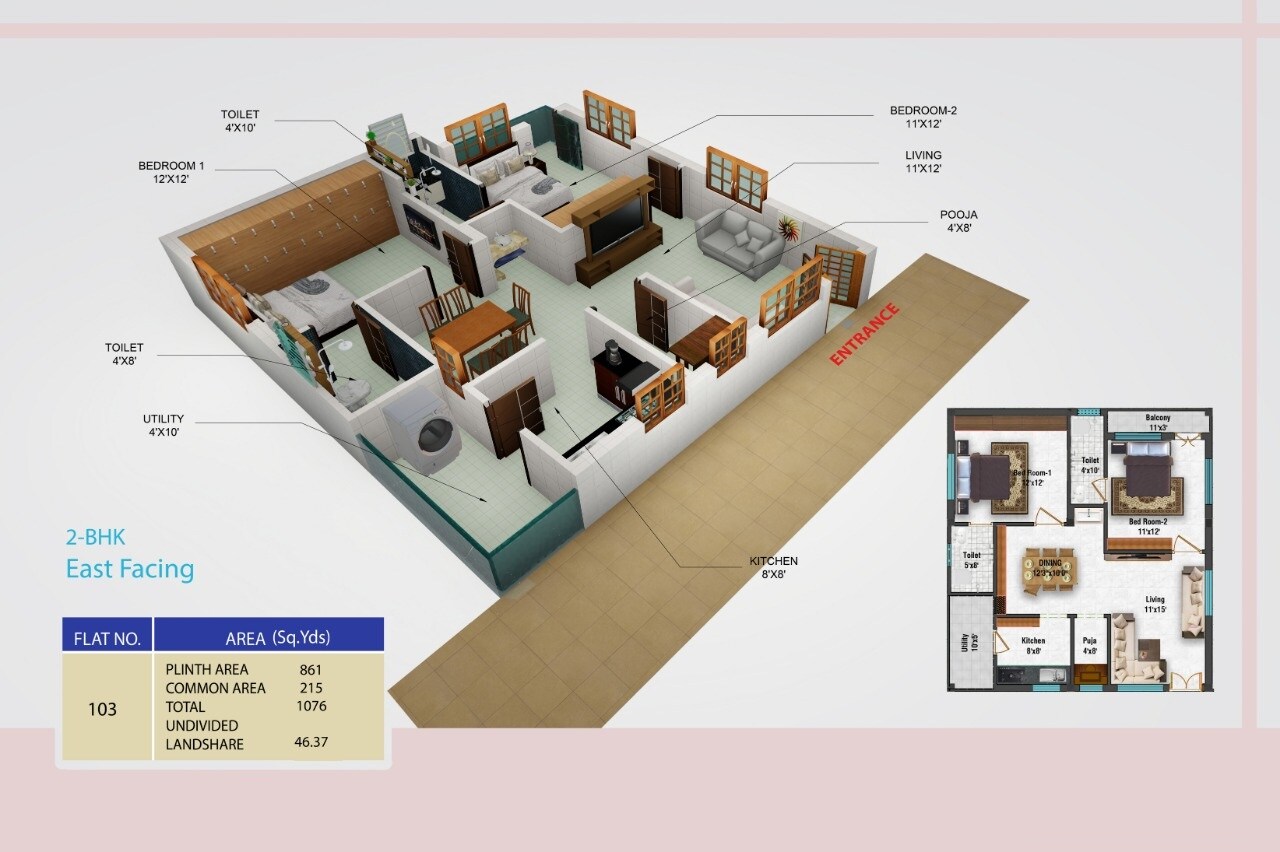 Floor plan of 2 BHK 1076 Sq. Ft. Apartment in Anjana Greenpark, Vijayawada