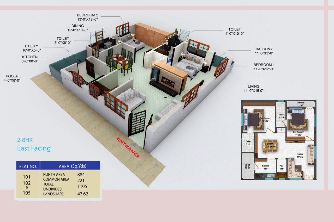 Floor plan of 2 BHK 1105 Sq. Ft. Apartment in Anjana Greenpark, Vijayawada