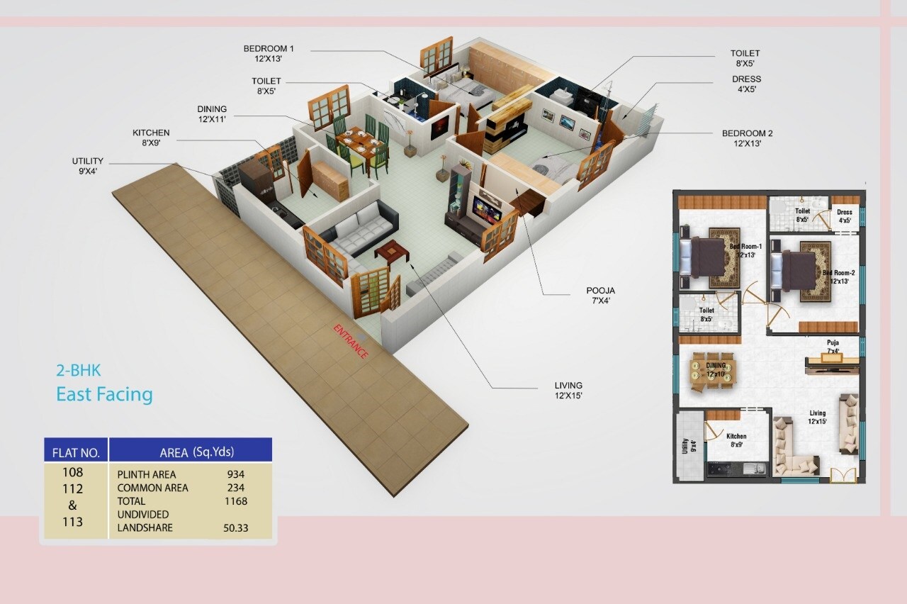 Floor plan of 2 BHK 1168 Sq. Ft. Apartment in Anjana Greenpark, Vijayawada