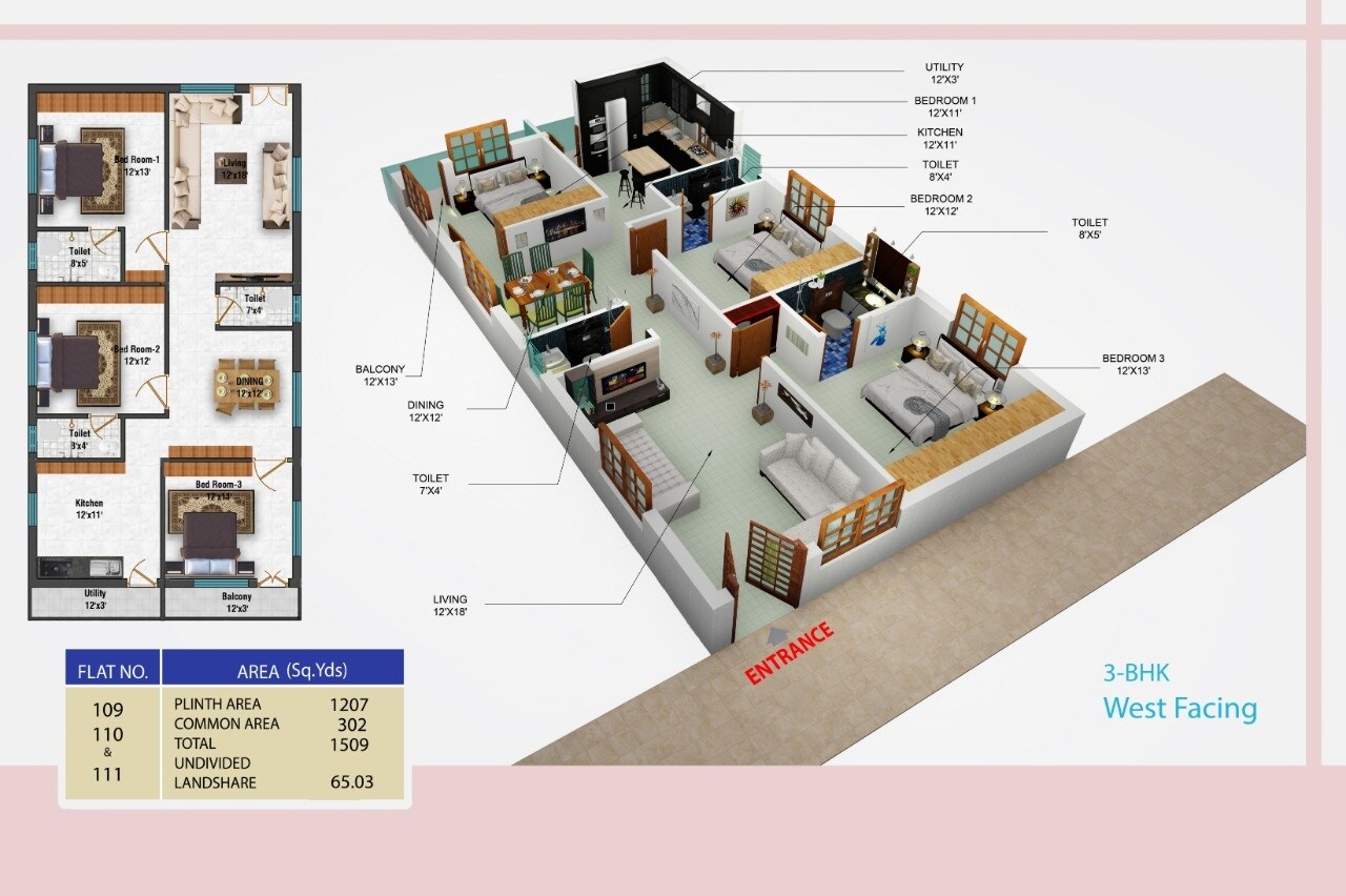 Floor plan of 3 BHK 1509 Sq. Ft. Apartment in Anjana Greenpark, Vijayawada