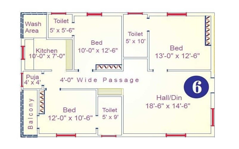 Floor plan of 3 BHK Apartment - 1530 sq. ft. in Apace Community, Vijayawada