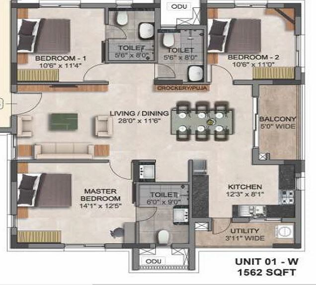 Floor plan of 3 BHK 1562 Sq. Ft. Apartment in Aparna Amaravati One, Vijayawada