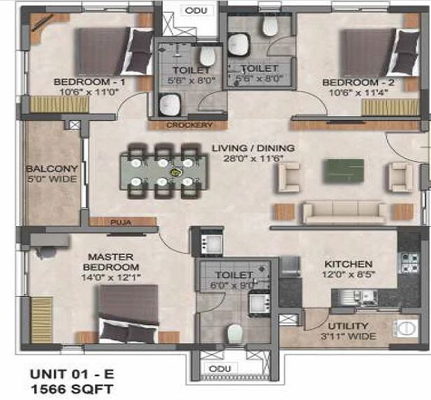 Floor plan of 3 BHK 1566 Sq. Ft. Apartment in Aparna Amaravati One, Vijayawada