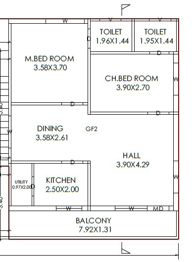 Floor plan of 2 BHK 1154 Sq. Ft. Apartment in Avula Nandini Homes, Vijayawada