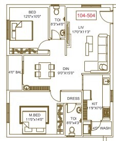 Floor plan of 2 BHK 1120 Sq. Ft. Apartment in Bandis Capital Gateway, Vijayawada