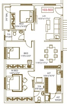 Floor plan of 3 BHK 1372 Sq. Ft. Apartment in Bandis Capital Gateway, Vijayawada