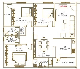 Floor plan of 3 BHK 1788 Sq. Ft. Apartment in Bandis Capital Gateway, Vijayawada
