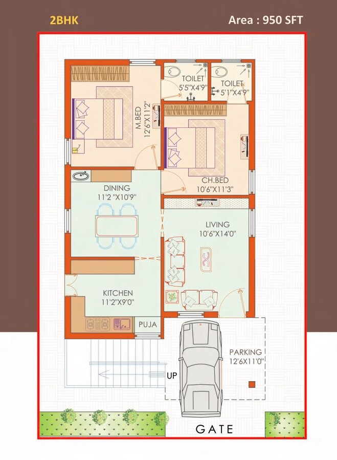 Floor plan of 2 BHK 950 Sq. Ft. Villa in Bhavishya Golden Homes, Vijayawada