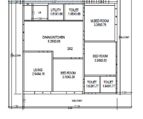 Floor plan of 3 BHK 1568 Sq. Ft. Apartment in KP Bhimavarapu Elite, Vijayawada