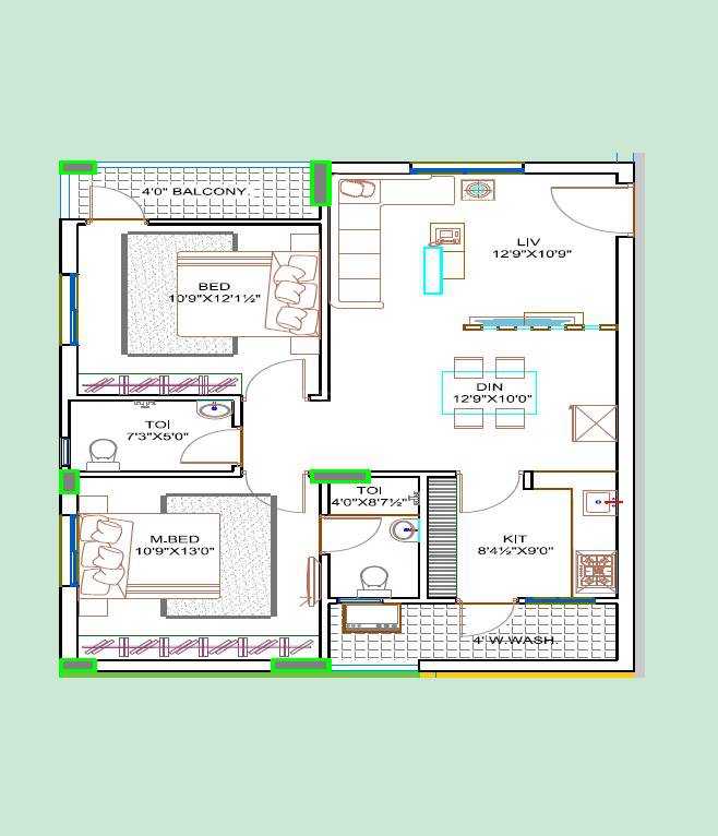 Floor plan of 2 BHK 1278 Sq. Ft. Apartment in BR SR Paradise, Vijayawada
