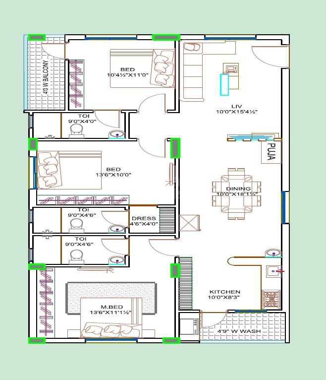 Floor plan of 3 BHK 1689 Sq. Ft. Apartment in BR SR Paradise, Vijayawada