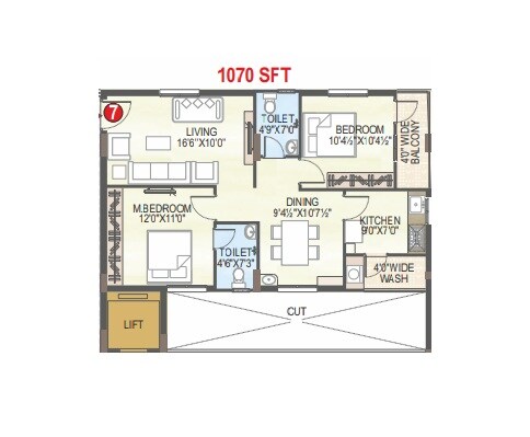 Floor plan of 2 BHK Apartment - 1070 sq. ft. in BRC Ankura, Vijayawada