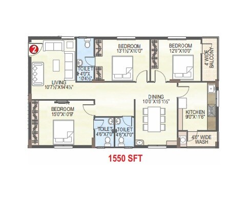 3 BHK 1550 Sq. Ft. Apartment