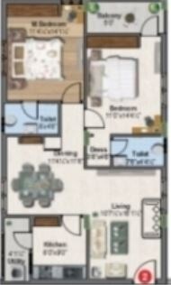 Floor plan of 2 BHK 1260 Sq. Ft. Apartment in Ellington Aarnika, Vijayawada