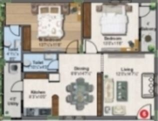Floor plan of 2 BHK 1270 Sq. Ft. Apartment in Ellington Aarnika, Vijayawada