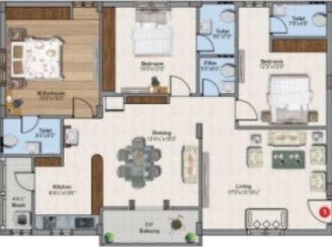 Floor plan of 3 BHK 1850 Sq. Ft. Apartment in Ellington Aarnika, Vijayawada