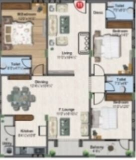Floor plan of 3 BHK 1890 Sq. Ft. Apartment in Ellington Aarnika, Vijayawada