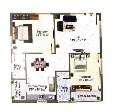 2 BHK 950 Sq. Ft. Apartment