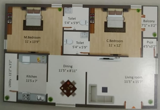 2 BHK 1225 Sq. Ft. Apartment