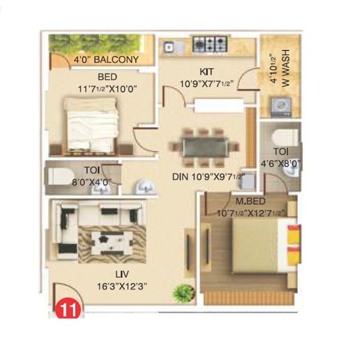 Floor plan of 2 BHK 1266 Sq. Ft. Apartment in Hemadurga Jewel County, Vijayawada